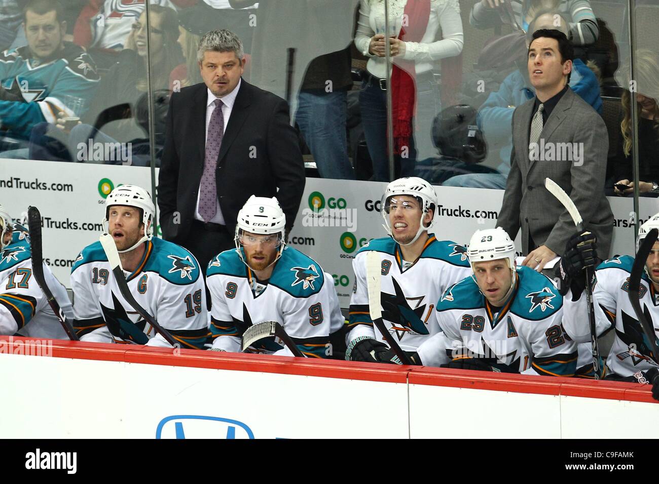 Dec. 13, 2011 - Denver, Colorado, U.S - San Jose Sharks head coach Todd McLellan reacts after a Colorado Avalanche goal in the first period. Colorado leads 1-0 after the first period. The Colorado Avalanche hosted the San Jose Sharks at the Pepsi Center in Denver, CO. (Credit Image: © Isaiah Downing Stock Photo