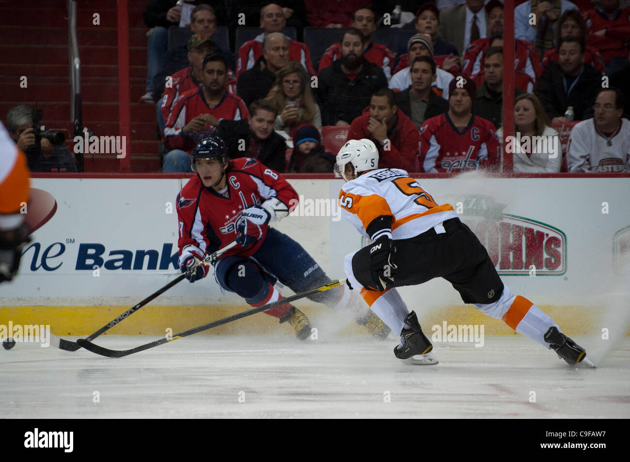 Dec. 13, 2011 - Washington Dc, District of Columbia, United States of America - NHL; Washington Capitals left wing Alex Ovechkin (8) fakes Philadelphia Flyers defenseman Braydon Coburn (5)..Flyers continue their wining streak defeating the Capitals at home 5 - 1 (Credit Image: © Roland Pintilie/Sout Stock Photo