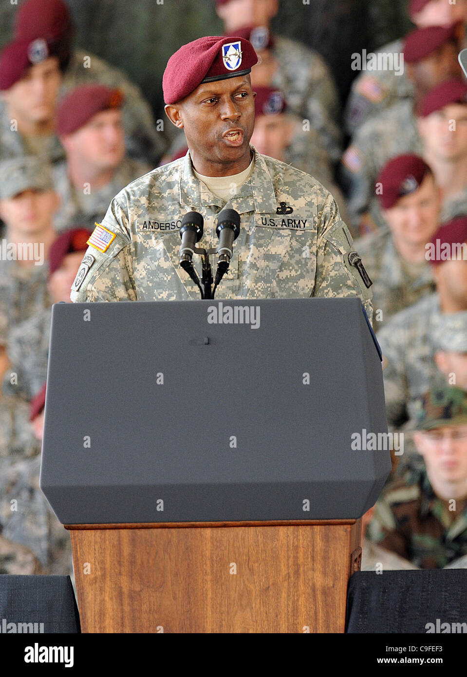 Dec. 14, 2011 - Fort Bragg, North Carolina; USA - Major General RODNEY ANDERSON introduces  President BARACK OBAMA has he speaks to a capacity audience at Fort Bragg Military Base as he addressed the audience on the completion on the war in Iraq. President Obama and First Lady Michelle Obama thanked Stock Photo