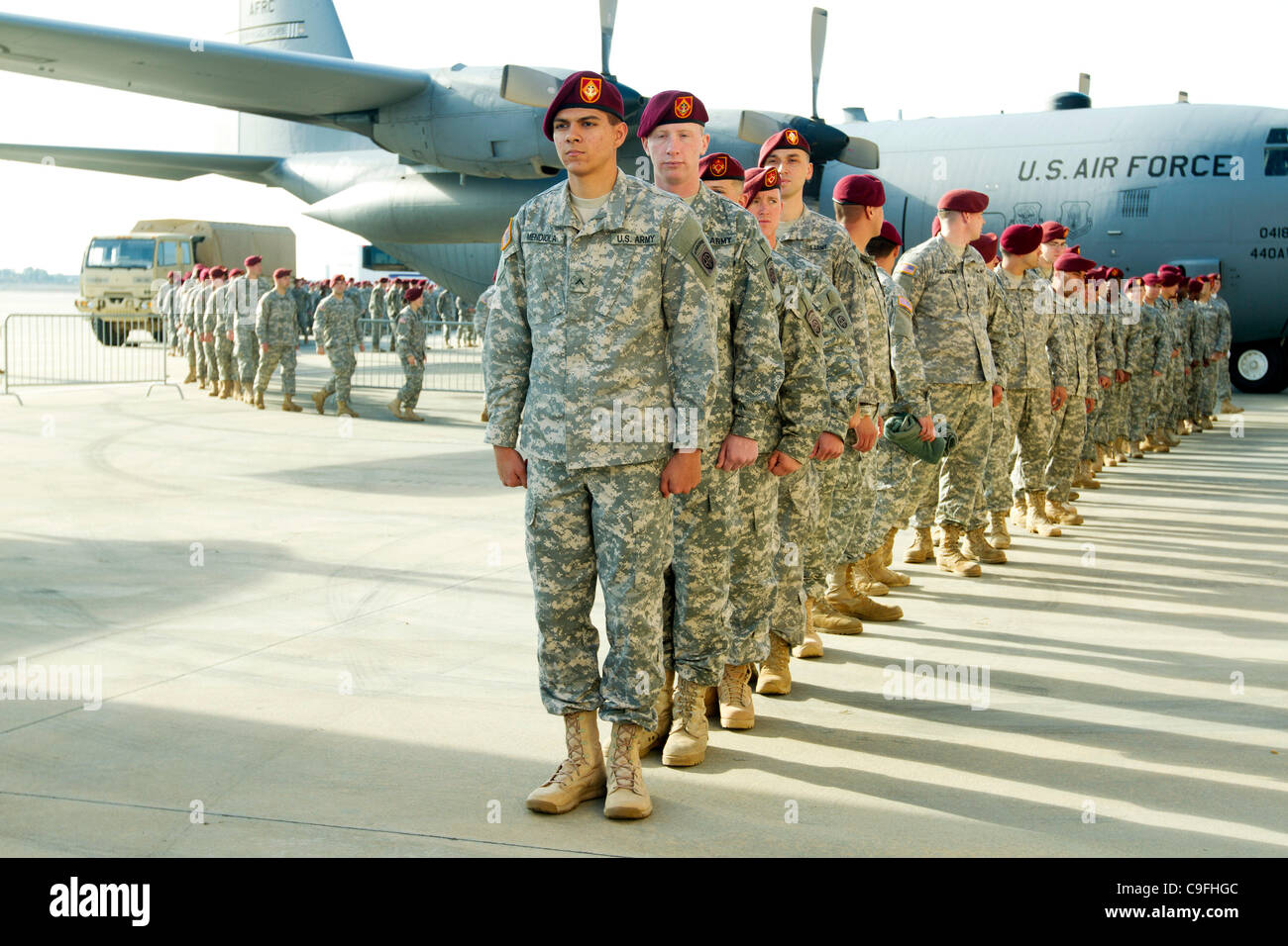 DECEMBER 14 2011 - Troops line up before PRESIDENT OBAMA speaks at Fort Bragg, NC, to mark the withdrawal all forces from Iraq by the end of the month.  The President's speech featured grateful thanks to American troops for their service in Iraq as the United States prepares to withdrawal all forces Stock Photo
