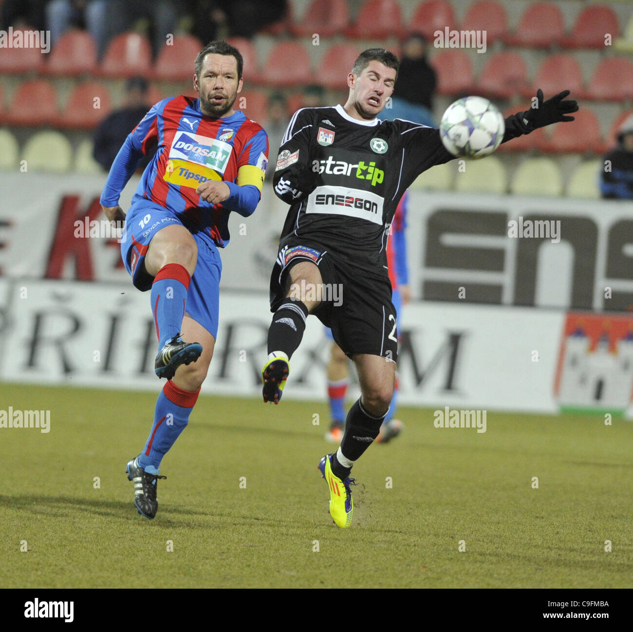 ***FILE PHOTO***Pavel Horvath (left), captain of FC Viktoria Plzen and Tomas Pilik of Pribram during Czech League soccer match 1. FK Pribram vs FC Viktoria Plzen in Pribram, Czech Republic, November 27, 2011. Czech team of FC Viktoria Plzen will play against German FC Schalke 04 in Europa League mat Stock Photo