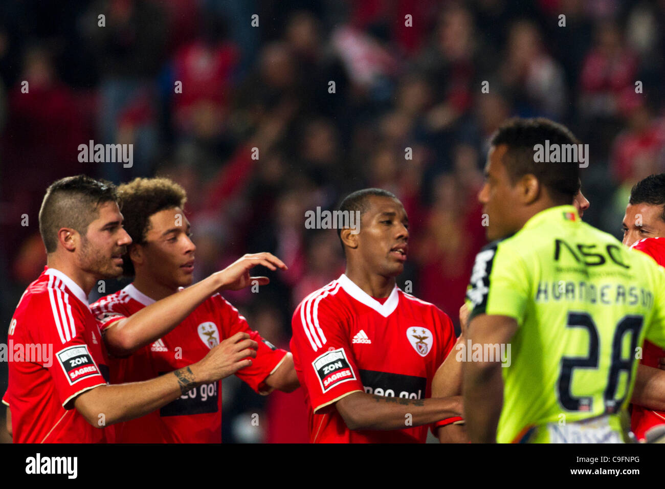 Portugal Liga Zon Sagres 13rd round - SL Benfica (SLB) x Rio Ave FC (RAFC)  Benfica players celebrating their 4 goal near Huanderson Rio Ave FC Goalkeeper. Stock Photo