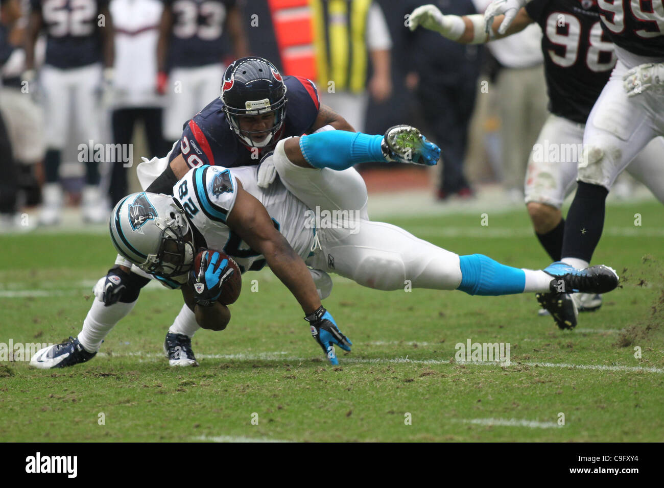 Dec. 18, 2011 - Houston, Texas, U.S - Carolina Panthers running back Jonathan Stewart(28) gets tackled after a short pass. Carolina Panthers defeated the Houston Texans 28-13 at Reliant Stadium in Houston Texas. (Credit Image: © Luis Leyva/Southcreek/ZUMAPRESS.com) Stock Photo