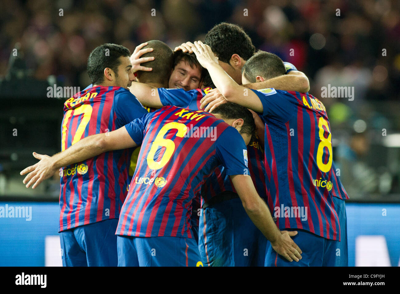 Barcelona team group, DECEMBER 18, 2011 - Football / Soccer : Lionel Messi of Barcelona celebrates his 2nd goal with Pedro Rodriguez, Andres Iniesta and Xavi during the FIFA Club World Cup Japan 2011 Final match between Santos FC 0-4 FC Barcelona at Yokohama International Stadium in Kanagawa, Japan. Stock Photo