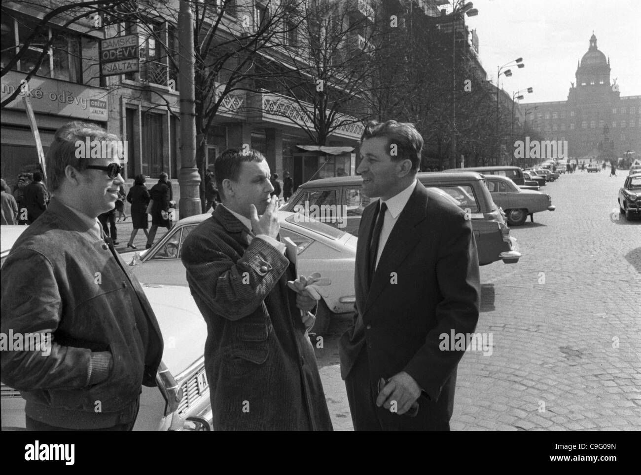 Czech playwright Vaclav Havel, novelist Jan Benes and Benes' lawyer  Jaroslav Tous (from left to right) in wenceslas Square in Prague, March 23,  1968. CTK Photo/Oldrich Picha Stock Photo - Alamy