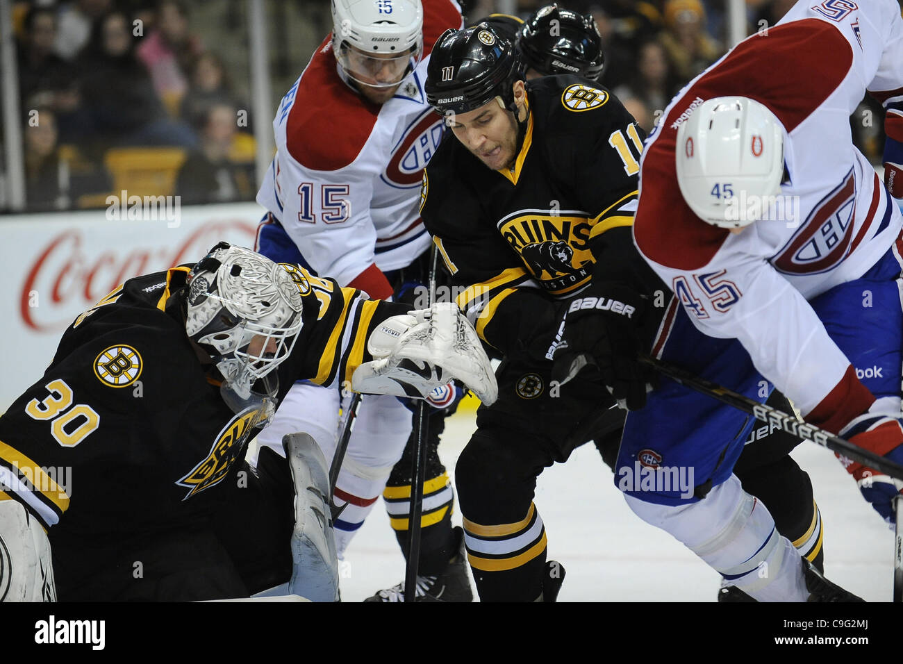 Dec. 19, 2011 - Boston, Massachusetts, U.S - Boston Goalie, Tim Thomas (#30) blocks a shot in action as the Bruins defeat Canadians 3-2 (Credit Image: © Jim Melito/Southcreek/ZUMAPRESS.com) Stock Photo