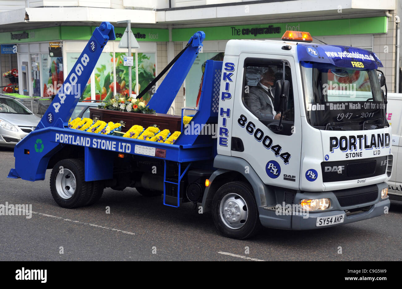 Skip lorry funeral, Britain, UK Stock Photo Alamy