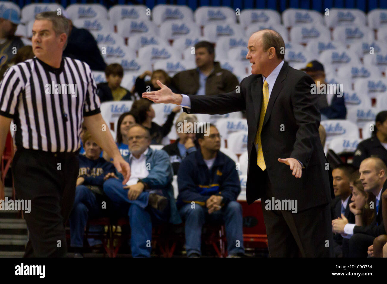 Dec. 20, 2011 - Los Angeles, California, U.S - UCLA head coach Ben Howland objects to a foul but the refs aren't interested in hearing it.  The UCLA Bruins defeat the UC Irvine Anteaters 89-60. (Credit Image: © Josh Chapel/Southcreek/ZUMAPRESS.com) Stock Photo