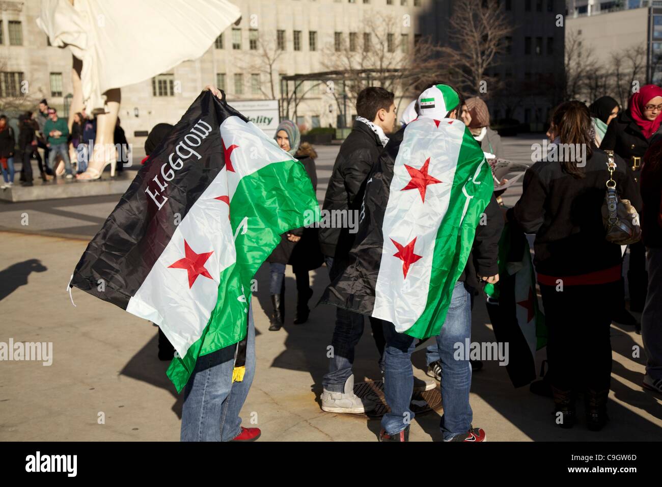 Chicago, USA, 29/12/2011. Protesters in Pioneer Court wrap themselves in Syrian flags with the word 'freedom' added. The demonstrators gathered to protest the Syrian government's treatment of its citizens. Stock Photo