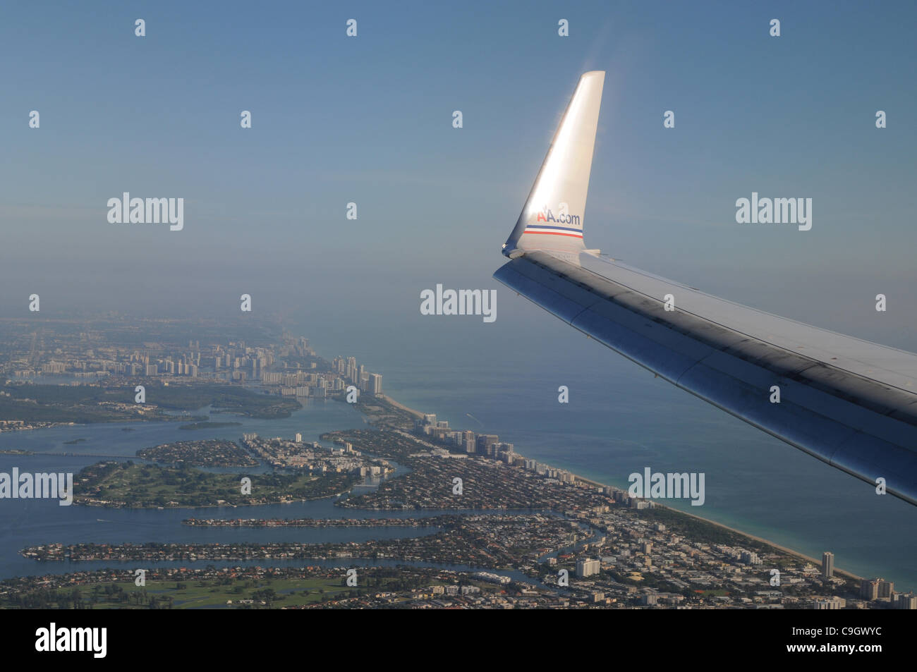 An aerial view of the Miami skyline, from the vantage point of an American Airlines Boeing 737 passenger jet.  NYSE has announced that it will delist American Airlines Parent, AMR Corp.  AMR shares will be removed from the exchange before the opening of trading on January 5, 2012. Stock Photo