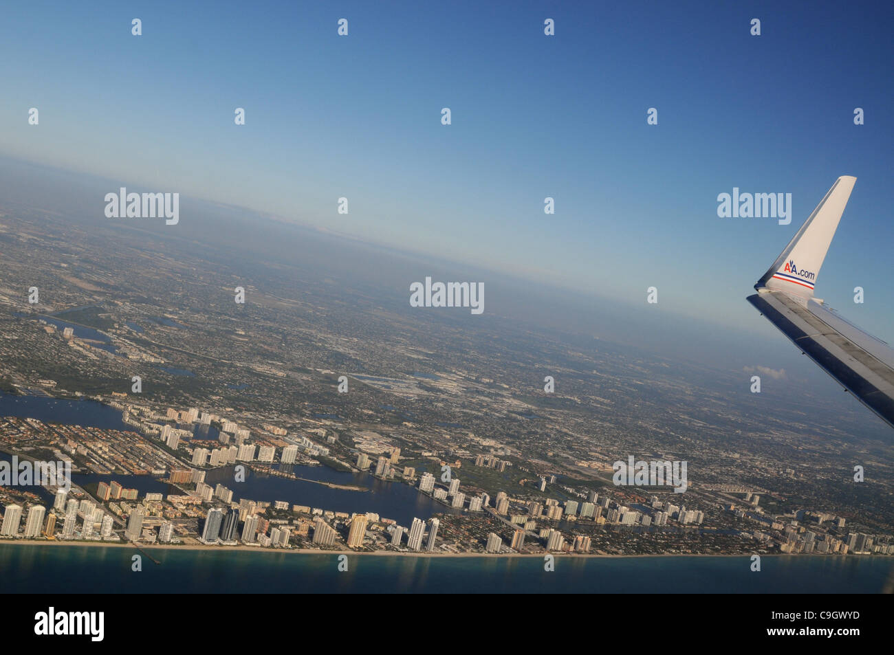 An aerial view of the Miami skyline, from the vantage point of an American Airlines Boeing 737 passenger jet.  NYSE has announced that it will delist American Airlines Parent, AMR Corp.  AMR shares will be removed from the exchange before the opening of trading on January 5, 2012. Stock Photo