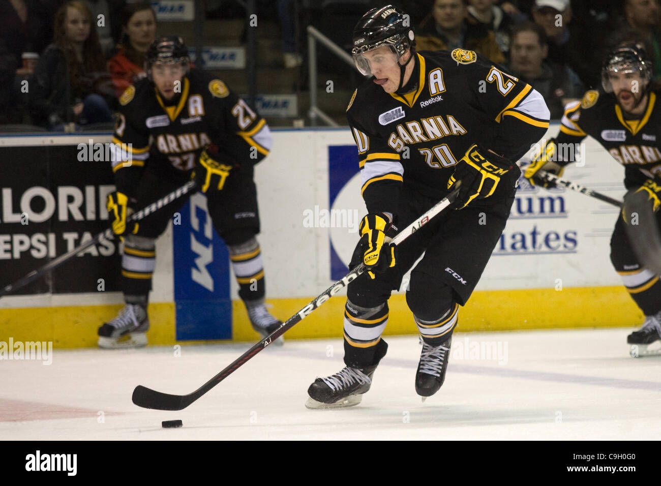 London Ontario, Canada - December 30, 2011. Brett Ritchie (20) of the Sarnia Sting carries the puck in an Ontario Hockey League game between the London Knights and the Sarnia Sting. London won the game 7-3. Stock Photo