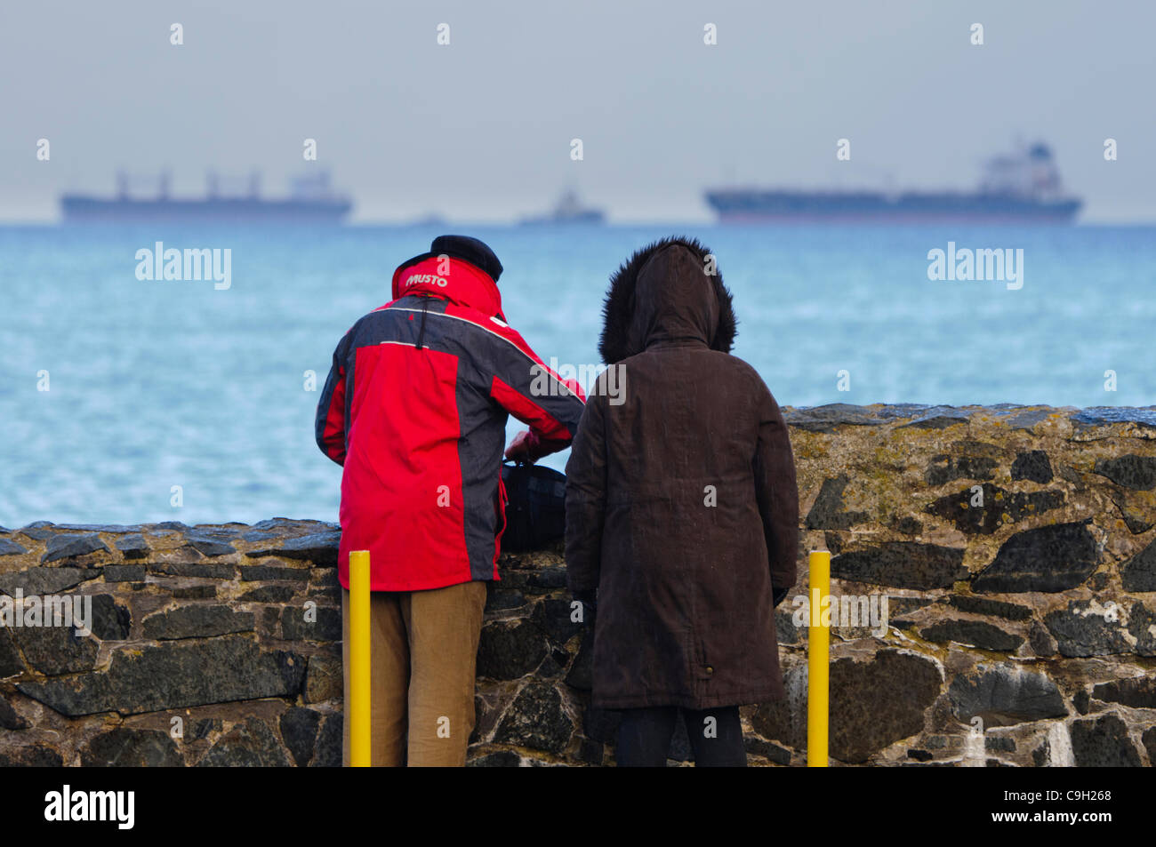 Two people watch a number of large ships and tankers out at sea Stock Photo