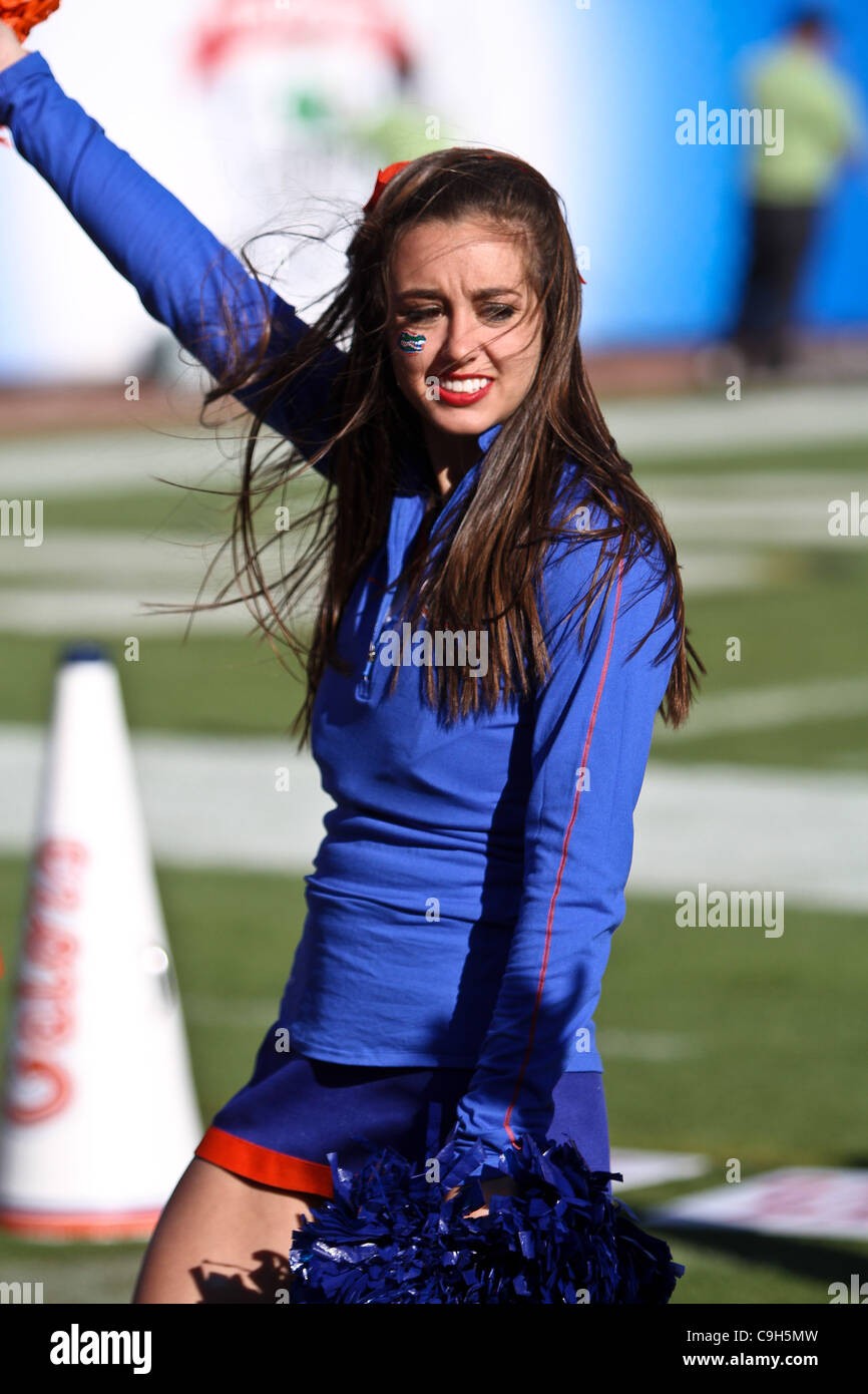 Jan. 2, 2012 - Jacksonville, FL, U.S - A University of Florida cheerleader roots her team on in the Taxslayer.com Gator Bowl at Everbank Field in Jacksonville FL.  The Gators defeated the Buckeyes 24-17. (Credit Image: © Skip Tapp/Southcreek/ZUMAPRESS.com) Stock Photo