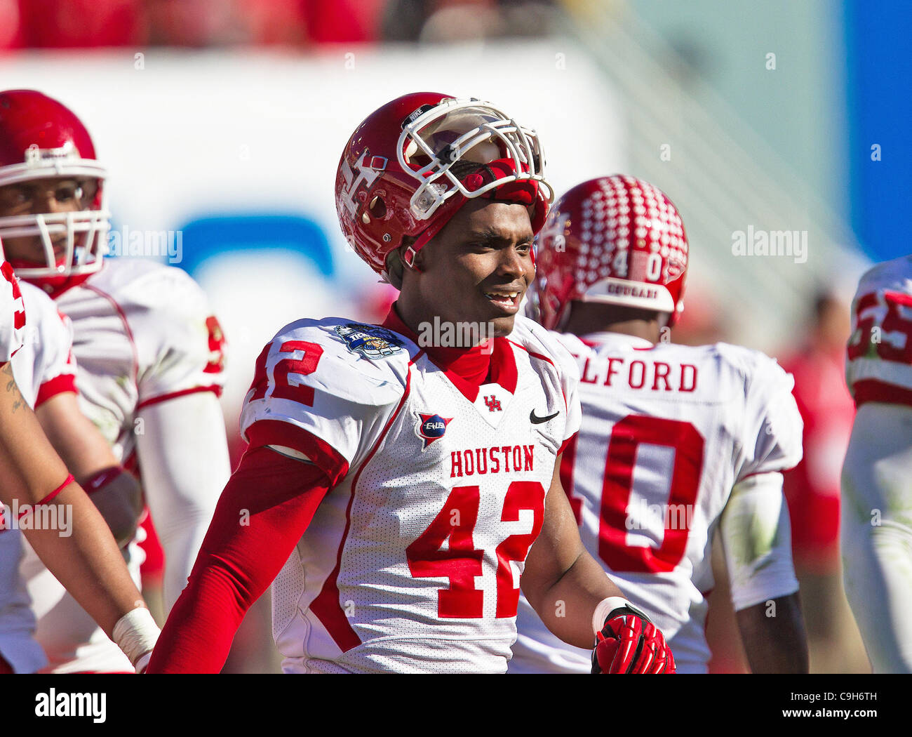 Jan. 2, 2012 - Dallas, Texas, United States of America - Houston Cougars linebacker Phillip Steward (42) in action during the Ticket City Bowl game between the Penn State Nittany Lions and the University of Houston Cougars, played at the Cotton Bowl Stadium in Dallas, Texas. Houston defeats Penn Sta Stock Photo