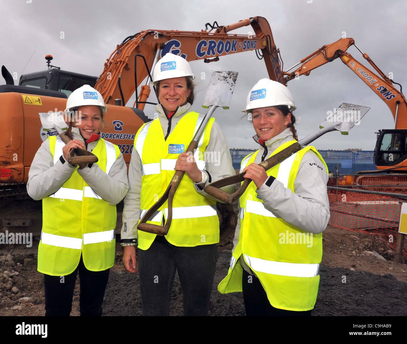 Olympic tower groundbreaking ceremony, Weymouth, Dorset. Olympians Annie Lush, centre, Kate, left and Lucy Macgregor Stock Photo