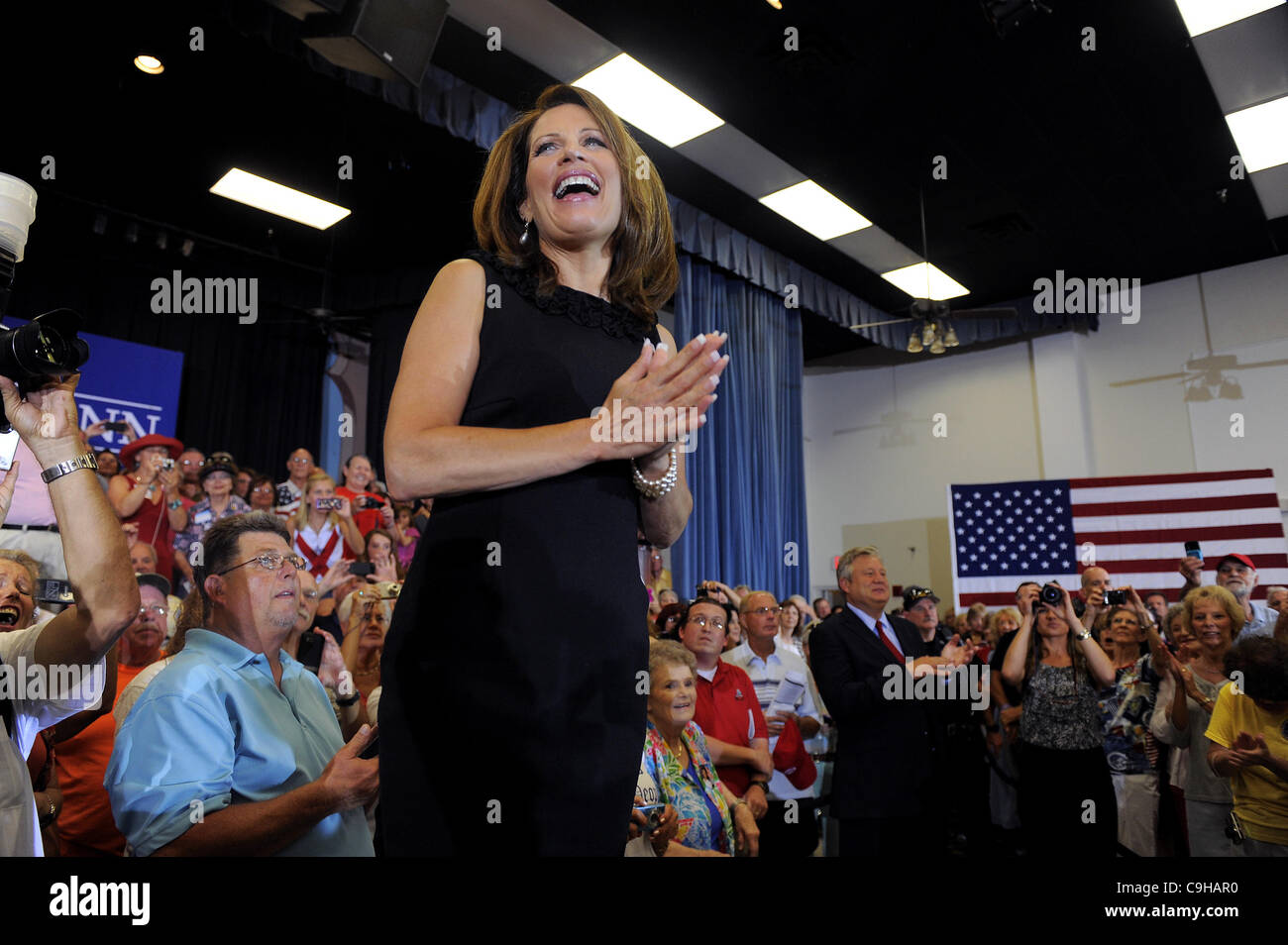 Aug. 28, 2011 - Sarasota, Florida, U.S. - Republican congresswoman MICHELE BACHMANN takes to the stage to address attendees at a rally. Congresswoman Bachmann is a Republican candidate for the presidency in the 2012 election . (Credit Image: Brian Blanco/ZUMAPRESS.com) Stock Photo