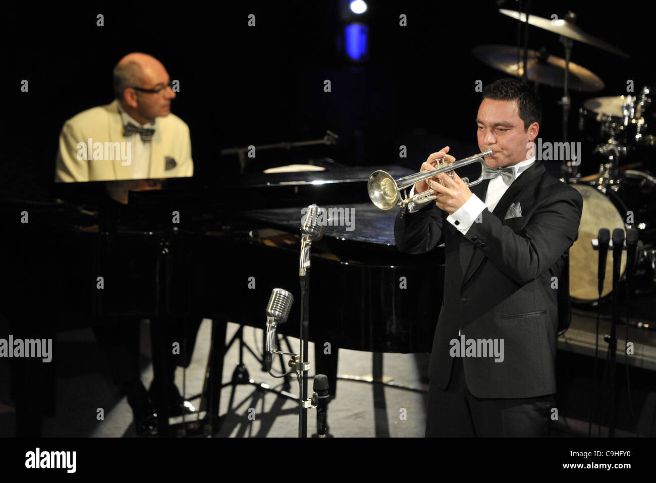 Trumpeter Reid Poole and pianist Theron Brown perform during the concert of American Glenn Miller Orchestra in Plzen (Pilsen), Czech Republic, on Thursday, January 5, 2011. (CTK Photo/Petr Eret) Stock Photo