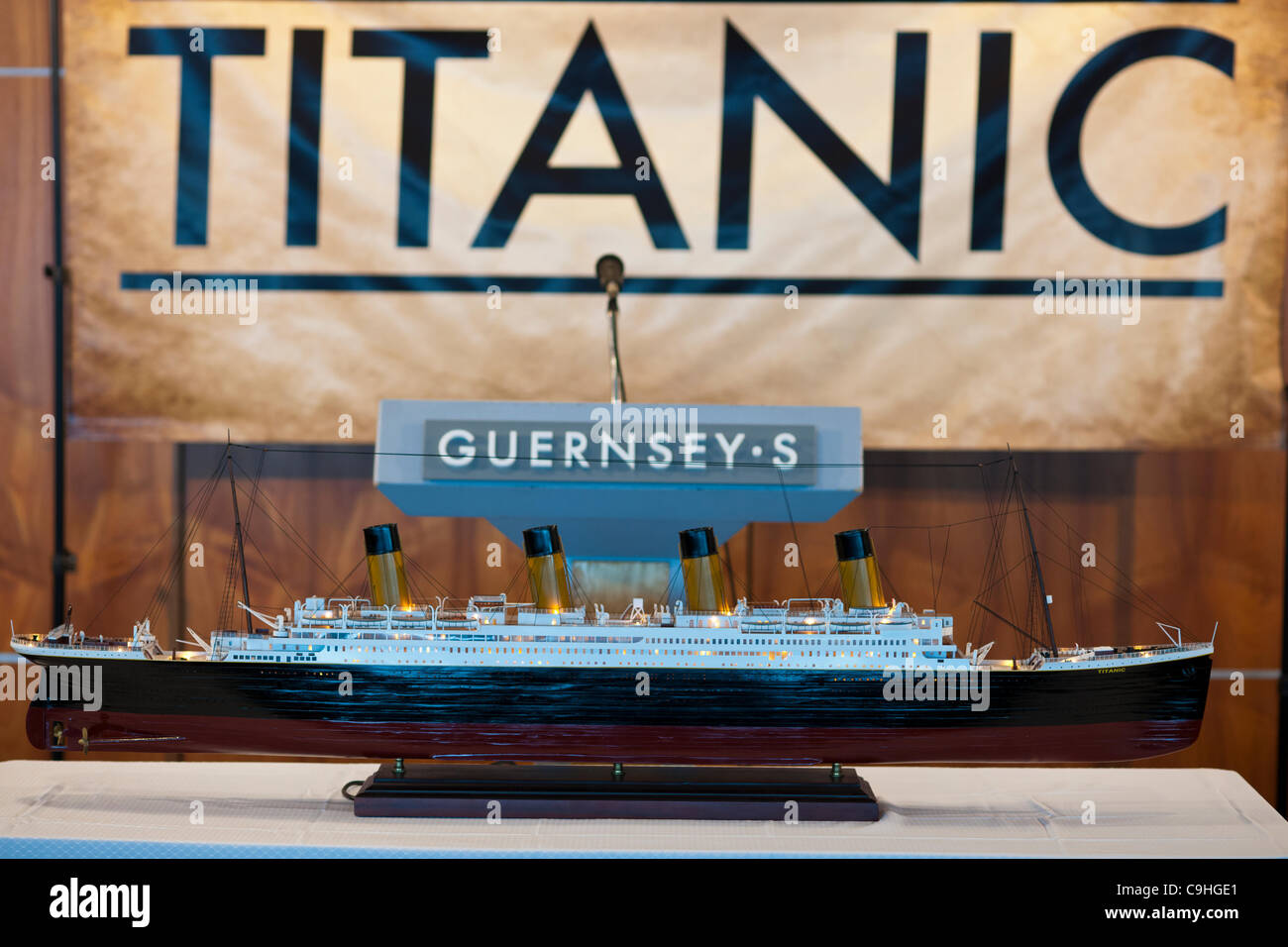 Scale model of the Titanic on display at a media preview for the