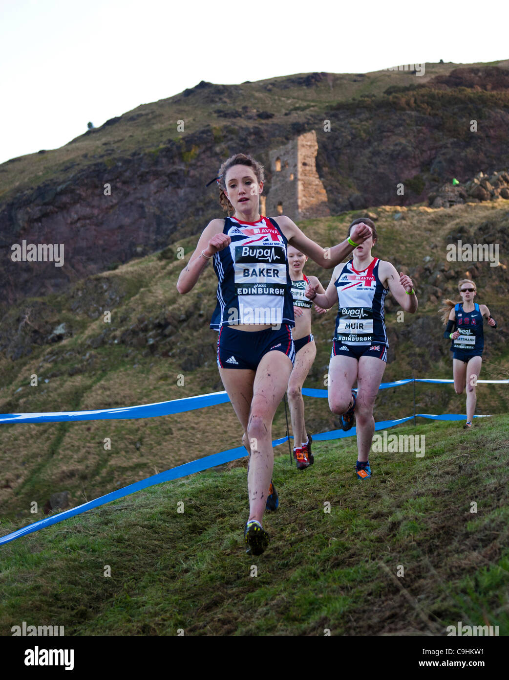 Great Edinburgh Cross Country 7 January 2012, Junior Women 4Km. Winner: Emelia Gorecka, GBR, Second: Aisling Cuffe, USA, Third: Molly Seidel, USA Stock Photo