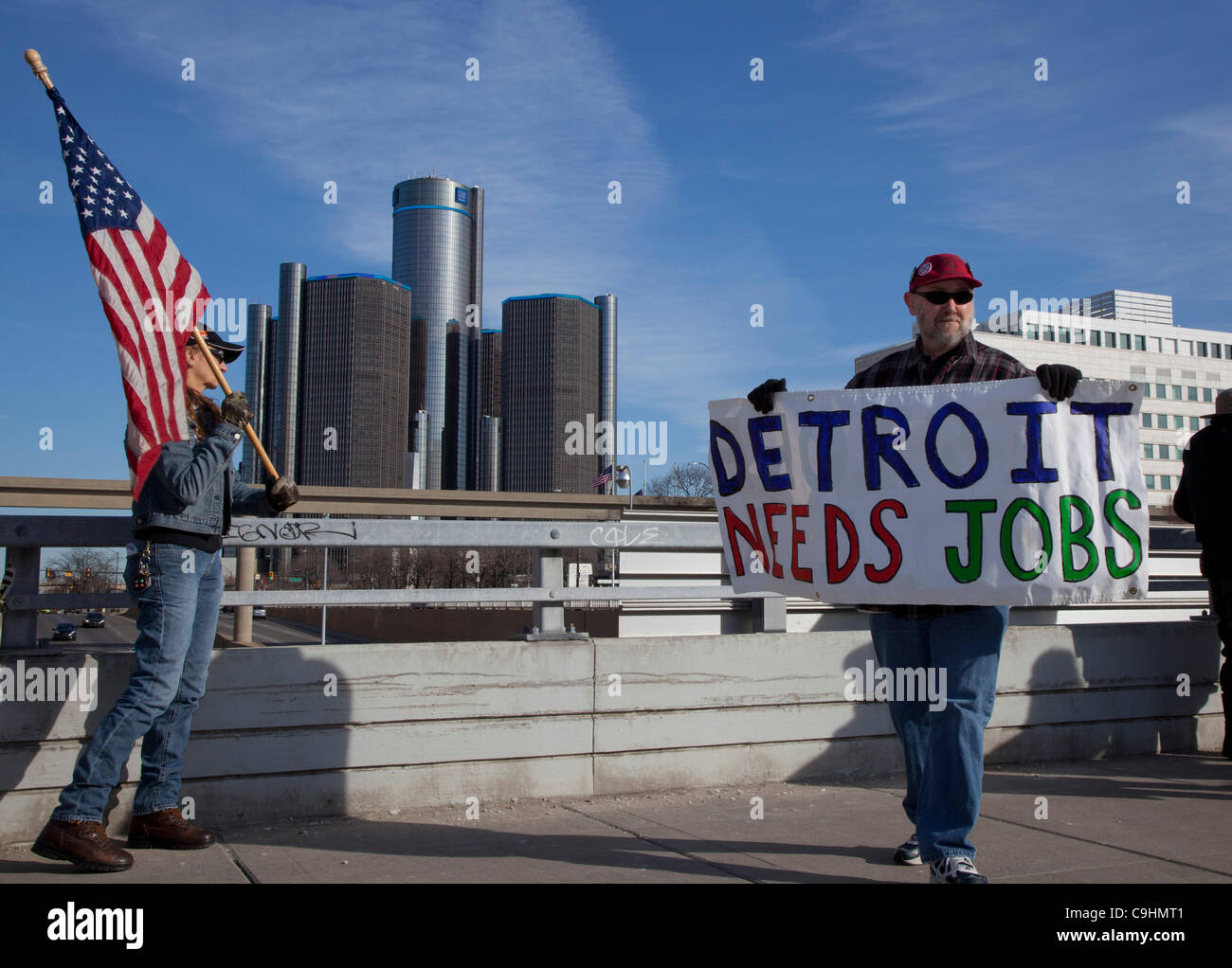 Detroit, Michigan - Auto workers rally outside the North American International Auto Show, protesting job losses, wage cuts, and other contract concessions. Stock Photo