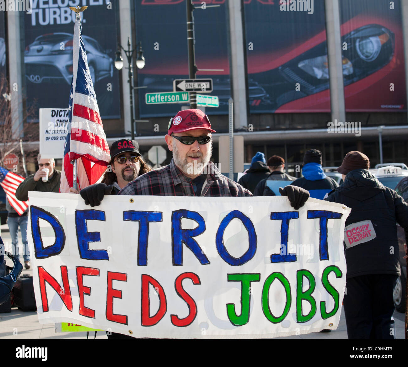 Detroit, Michigan - Auto workers rally outside the North American International Auto Show, protesting job losses, wage cuts, and other contract concessions. Stock Photo