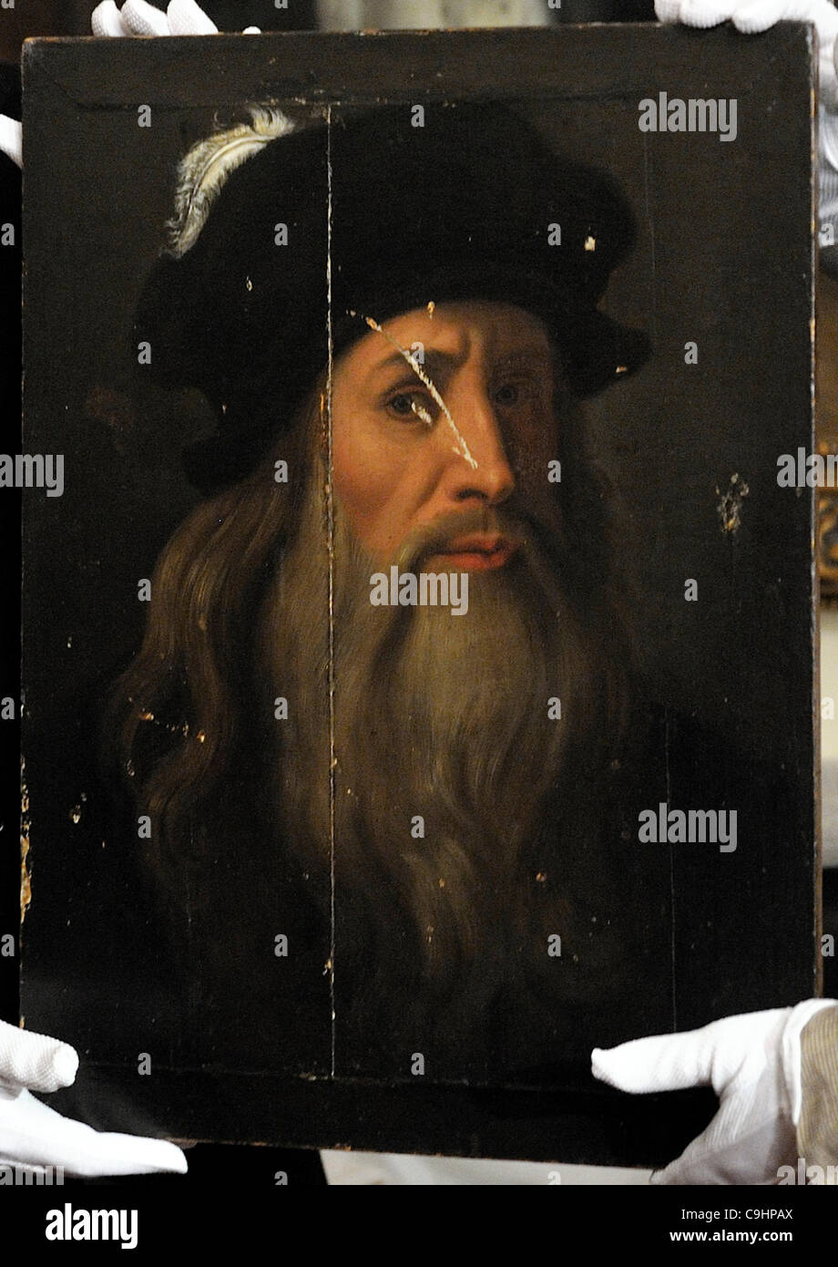 Newly found renaissance portrait of Leonardo da Vinci has been transfered to the Zbiroh Castle. Pictured in Zbiroh, the Czech Republic, on January 8, 2011 (CTK Photo/Petr Eret) Stock Photo