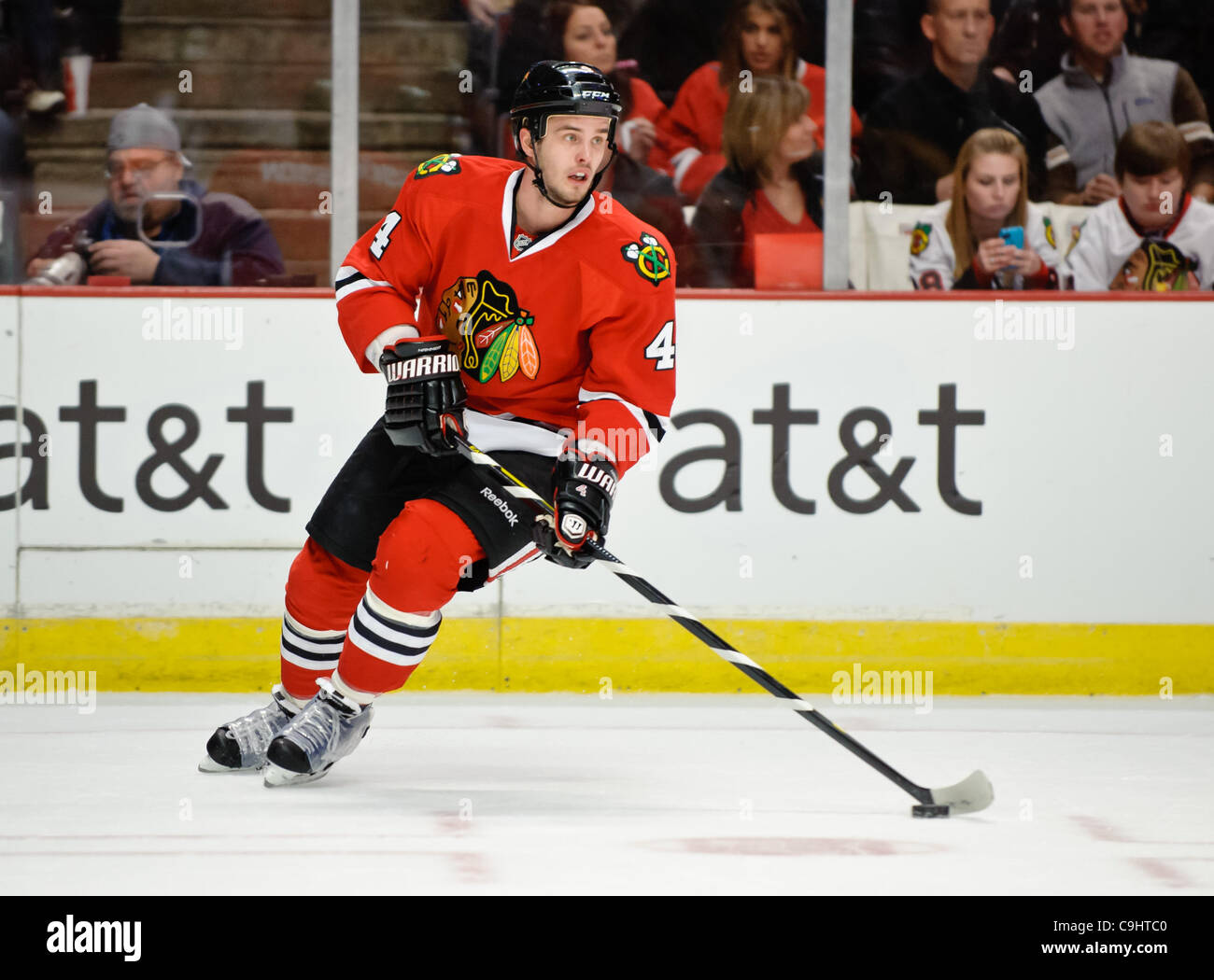 Jan. 06, 2012 - Chicago, Illinois, U.S - Chicago defenseman Niklas Hjalmarsson (4) during the NHL game between the Chicago Blackhawks and the Colorado Avalanche at the United Center in Chicago, IL. The Avalanche defeated the Blackhawks 4-0. (Credit Image: © John Rowland/Southcreek/ZUMAPRESS.com) Stock Photo