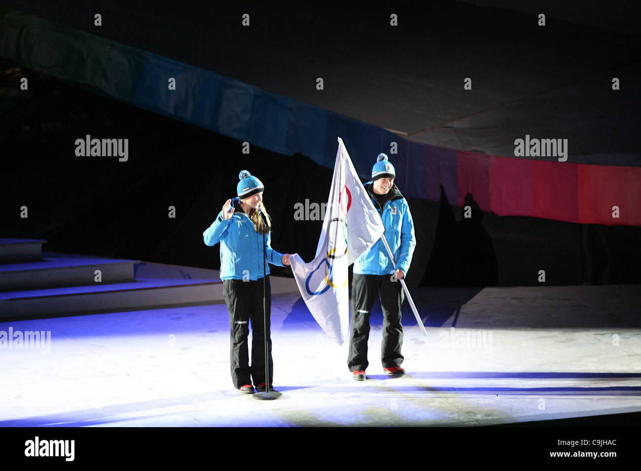 13.01.2012.  Innsbruck, Austria. Christina Ager (AUT) during the Winter Youth Olympic Games Opening Ceremony. Christina Ager pronouncing the Olympic oath of the athletes and forget it and saying 'scheisse' on 13/01/2012 in Innsbruck, Austria. Stock Photo