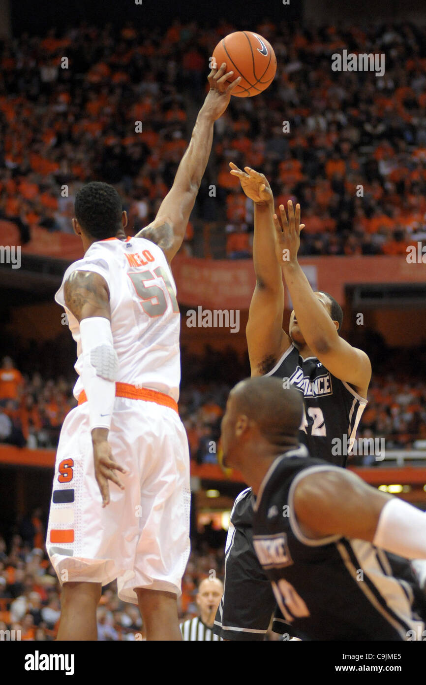 Jan. 14, 2012 - Syracuse, New York, U.S - Syracuse Orange center Fab Melo (51) blocks the shot of Providence Friars forward/center Bilal Dixon (42) in the first half at the Carrier Dome in Syracuse, NY.  The top ranked Syracuse Orange lead the Providence Friars 38-21 at the half. (Credit Image: © Mi Stock Photo