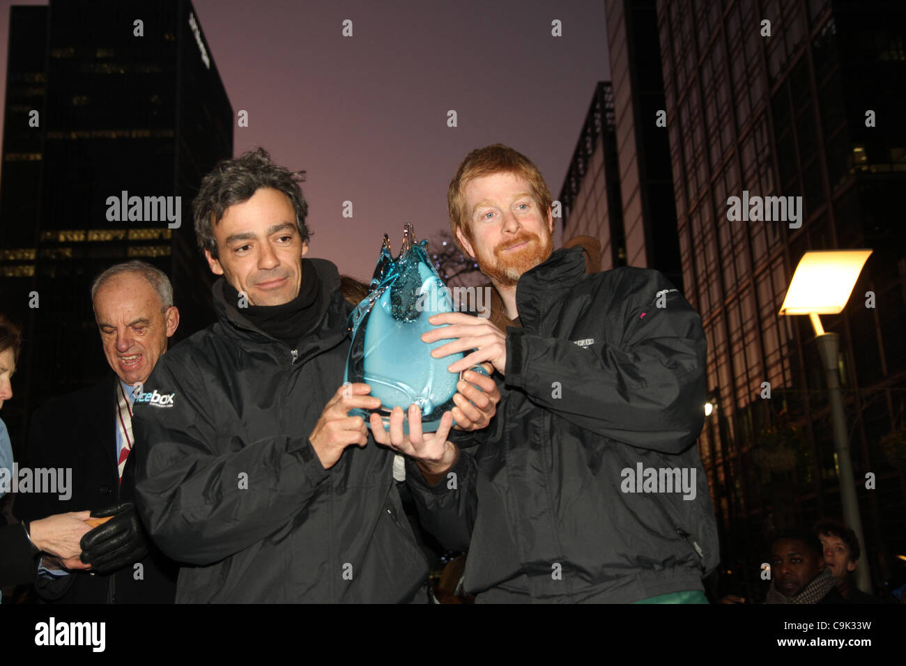 Pedro Mira & Niall Magee  of th Portugal team with the  Ice Sculpting Festival award at Canary Wharf. Credit David Mbiyu/Alamy Live News Stock Photo