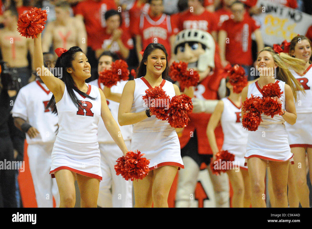 Jan. 16, 2012 - Piscataway, New Jersey, U.S - Rutgers Scarlet Knights cheerleaders take the court during first half Big East NCAA college basketball action between Rutgers and Notre Dame at the Louis Brown Athletic Center in Piscataway, N.J. Rutgers leads 39-31 at halftime. (Credit Image: © Will Sch Stock Photo