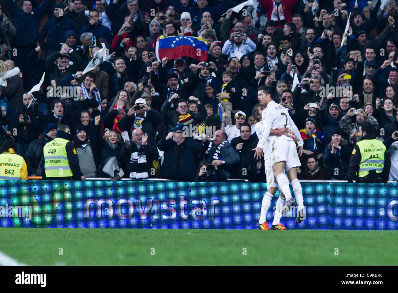 18/01/2011 - MADRID, Spain // COPA DEL REY FOOTBALL - Real Madrid vs. Barcelona - 1/4 finals - Santiago Bernabeu ------------ Cristiano Ronaldo celbrating Real Madrid 1-0 Stock Photo