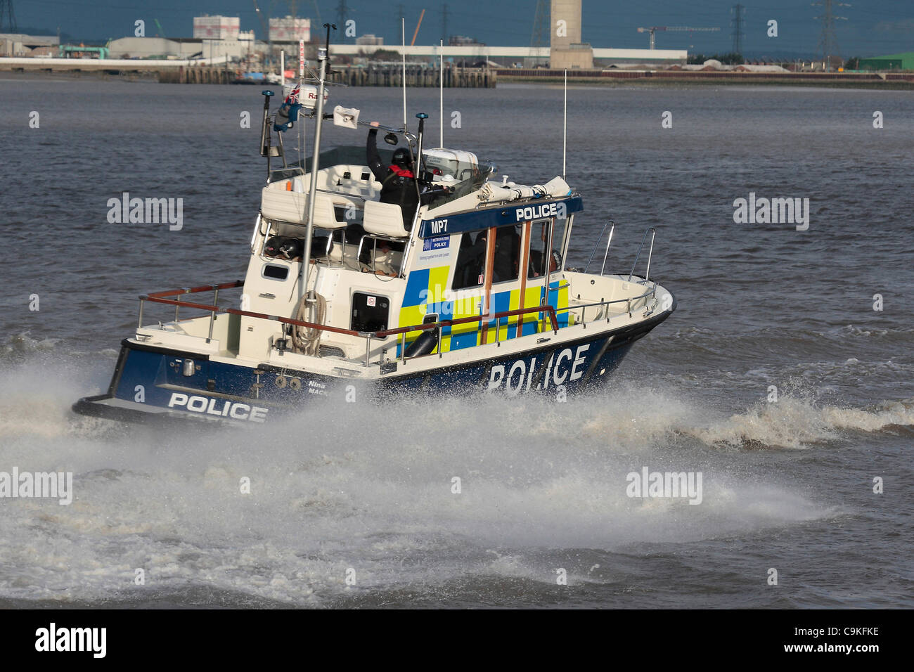 London, UK. 19th Jan, 2012. The Metropolitan Police, Marine Policing Unit, speeds up the Thames during Olympic security exercise. Stock Photo