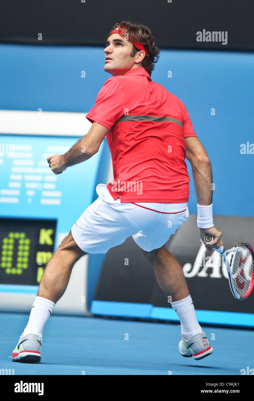 Roger Federer playing Ivo Karlovic at the Australian Open, Melbourne, January 20, 2012. Stock Photo