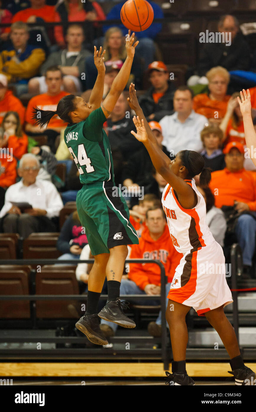 Jan. 22, 2012 - Bowling Green, Ohio, U.S - Eastern Michigan guard Tavelyn James (24) shoots a jump shot over Bowling Green guard Jasmine Matthews (1) during first-half game action.  The Bowling Green Falcons, of the Mid-American Conference East Division, defeated the Eastern Michigan Eagles, of the  Stock Photo