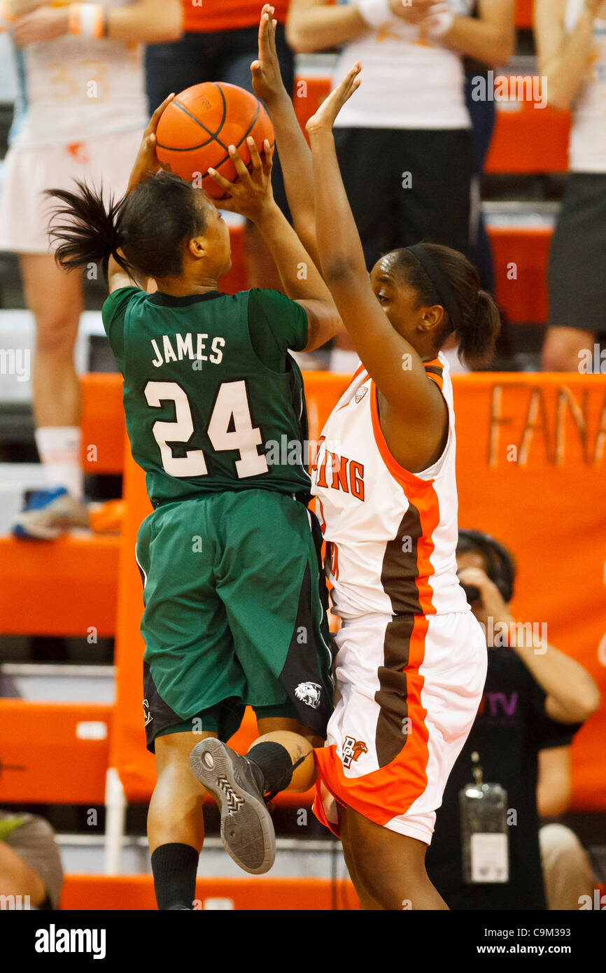 Jan. 22, 2012 - Bowling Green, Ohio, U.S - Eastern Michigan guard Tavelyn James (24) shoots over Bowling Green guard Jasmine Matthews (1) during second-half game action.  The Bowling Green Falcons, of the Mid-American Conference East Division, defeated the Eastern Michigan Eagles, of the MAC West Di Stock Photo