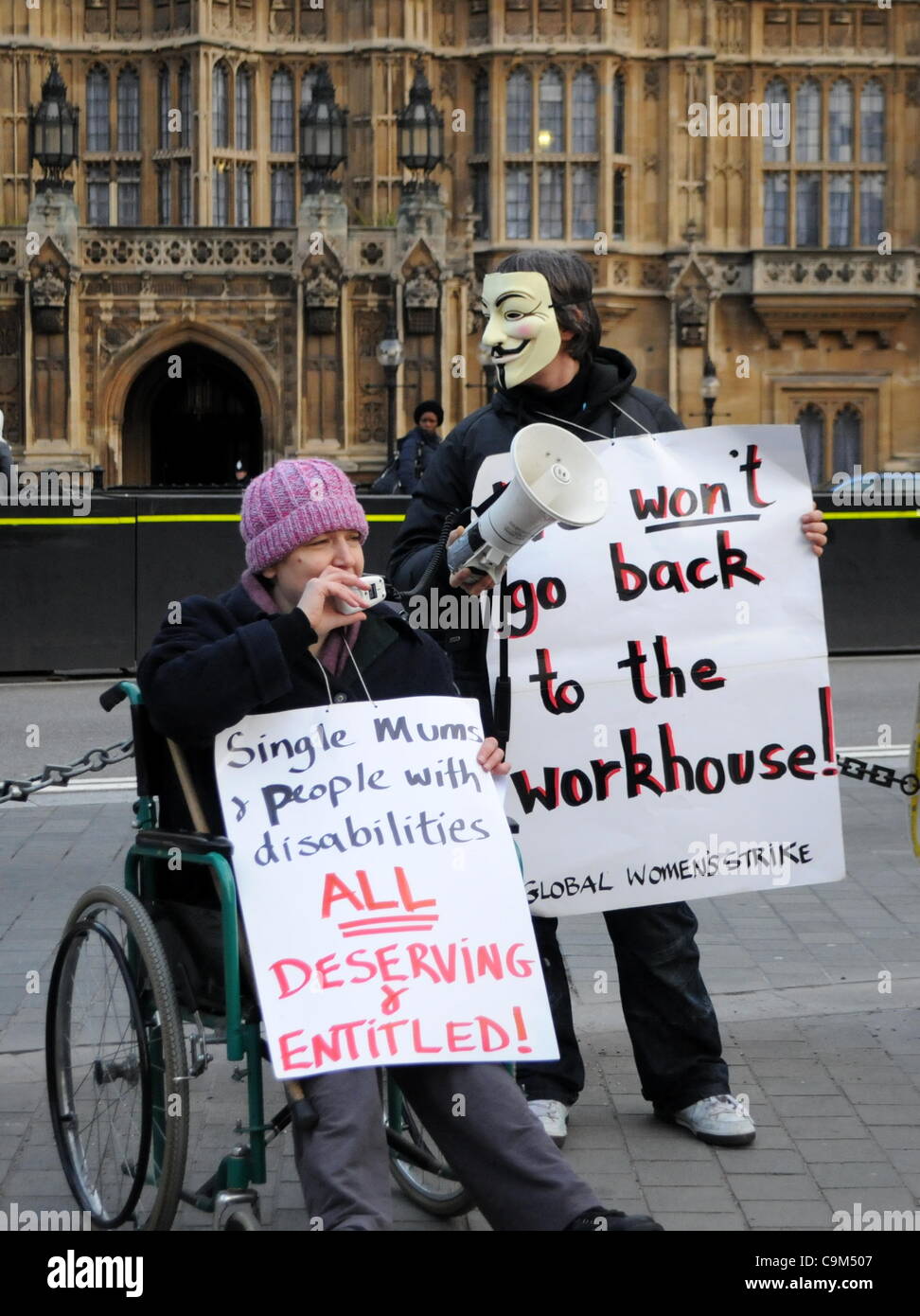 London, UK. 23/01/12. Protesters against the Welfare Reform Bill outside parliament. Stock Photo