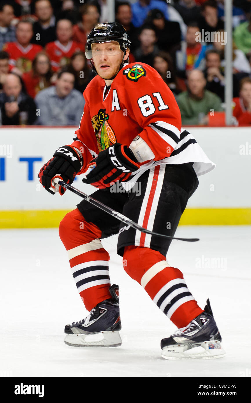 Jan. 24, 2012 - Chicago, Illinois, U.S - Chicago right wing Marian Hossa (81) during the NHL game between the Chicago Blackhawks and the Nashville Predators at the United Center in Chicago, IL. The Predators defeated the Blackhawks 3-1. (Credit Image: © John Rowland/Southcreek/ZUMAPRESS.com) Stock Photo