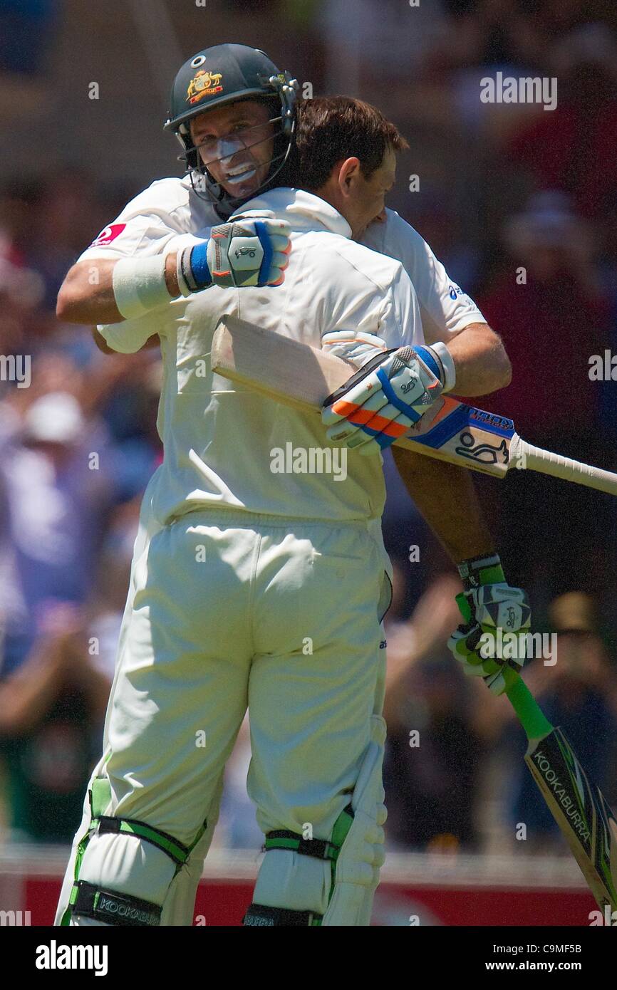 25.01.2012 Adelaide Australia,  Michael Hussey Australia in action during the second day of the 4th cricket test match between Australia and India played at the Adelaide Oval. Stock Photo