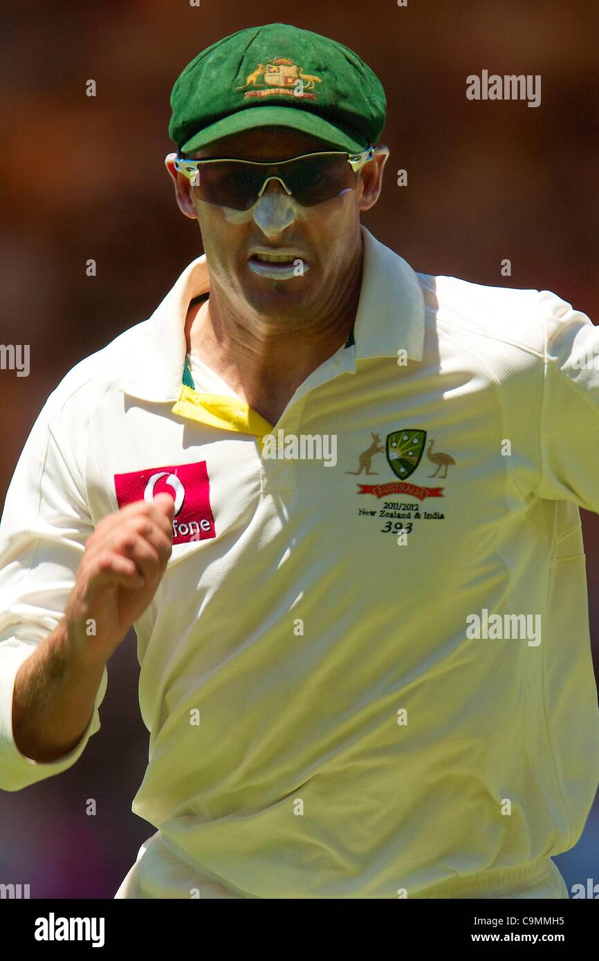26.01.2012 Adelaide, Australia. Michael Hussey Australia in action during the second day of the 4th cricket test match between Australia and India played at the Adelaide Oval. Stock Photo