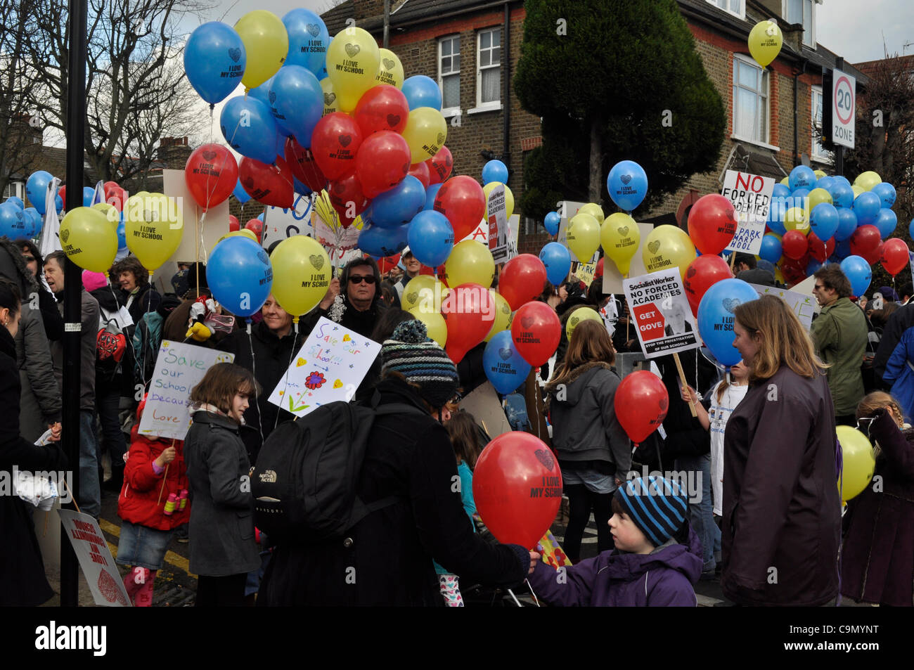 28/01/2012 Haringey, London UK. Parents, teachers and students gather to protest against plans to turn Downhills primary school Tottenham into a sponsored academy. Stock Photo