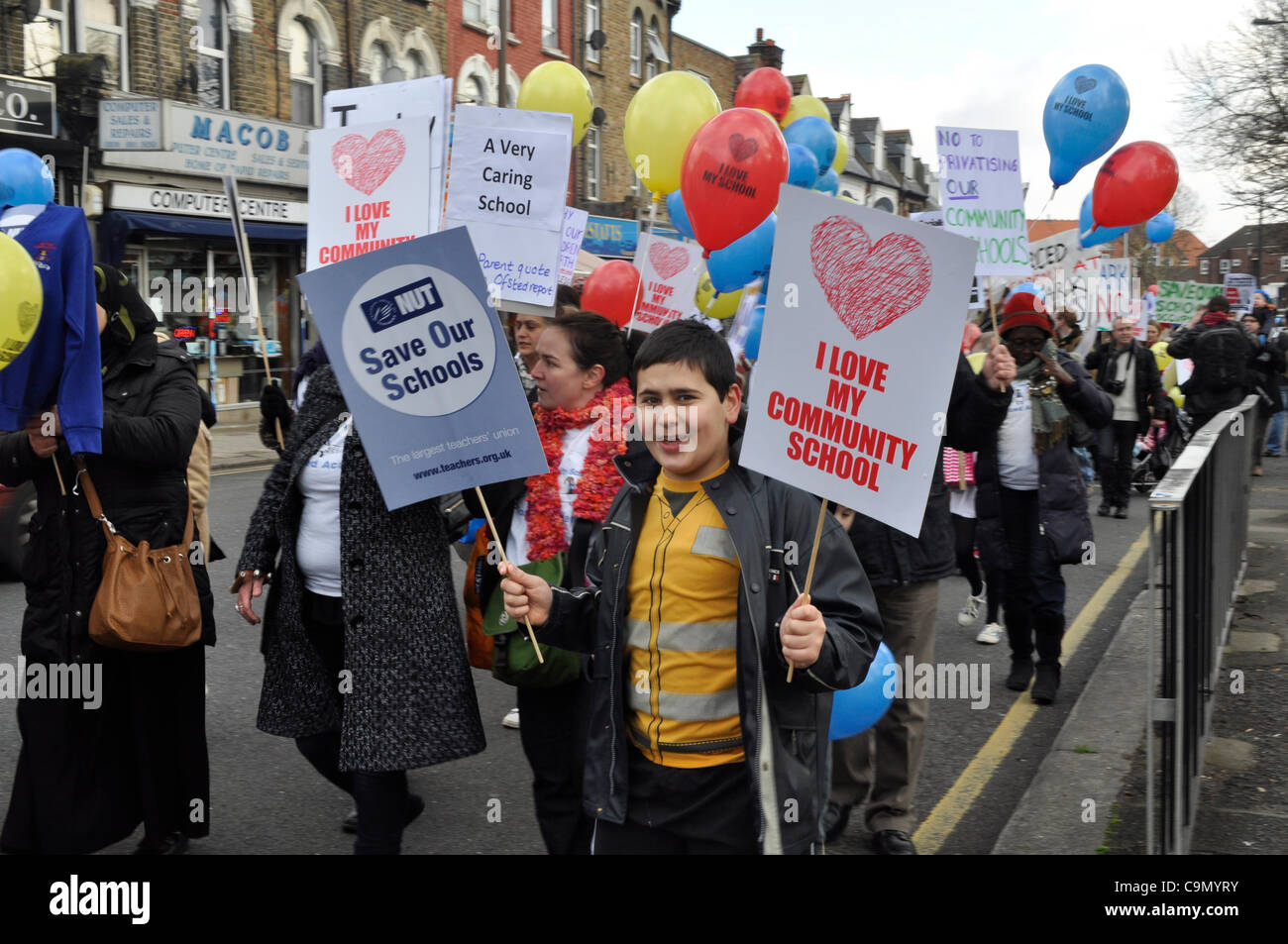 28/01/2012 Haringey, London UK. Parents, teachers and students protest against plans to turn Downhills primary school Tottenham into a sponsored academy. Stock Photo