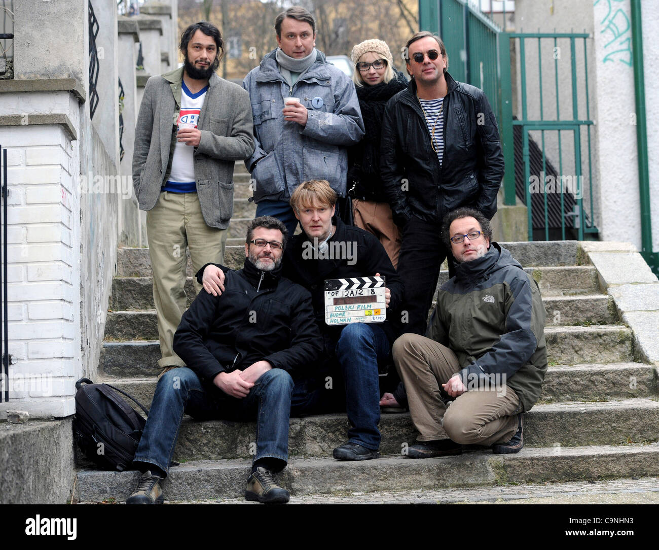 Czech actors, directors and screenwriter during the final shooting of movie Polski film, in Prague, Czech Republic, on January 16, 2012. The Upper row from the left actors Pavel Liska, Marek Daniel, Jana Plodkova, Tomas Matonoha, lower row from the left screenwriter Robert Geisler, director Marek Na Stock Photo