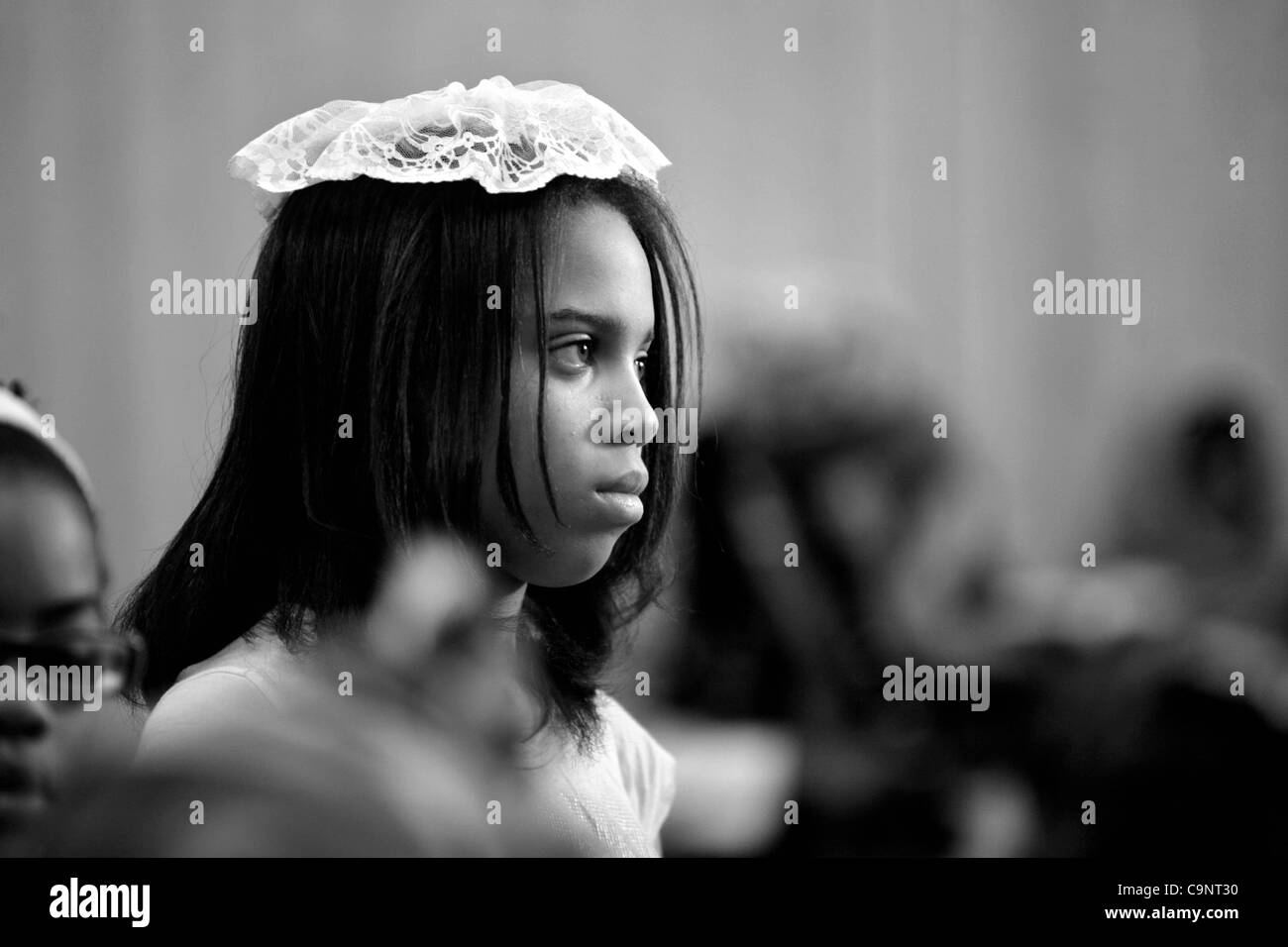 Feb 23, 2008 - Chicago, Illinois, USA -  Shakyra Woods, 13, attends Shabbat services at Beth Shalom B'nai Zaken Ethiopian Hebrew Congregation in Chicago's Marquette Park neighborhood on the far southwest side. (Credit Image: © Sally Ryan/ZUMA Press) Stock Photo