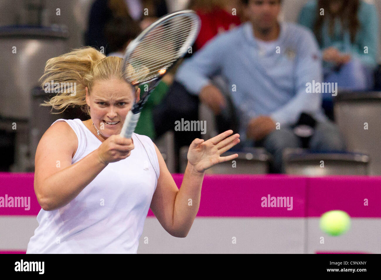 Anna-Lena Groenefeld of Germany returns during a Fed Cup tennis practice in Stuttgart, Germany, on Friday, February 3, 2012. The German team will face the Czech team in the first round of the world group on the upcoming weekend. (CTK Photo/Petr Sznapka) Stock Photo