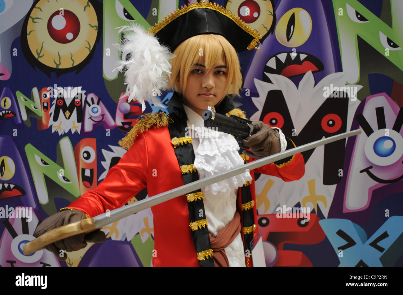 Feb. 4, 2012 - Jakarta, Indonesia - A 'HelloFest8' participant  wearing Britanian Pirate costume during the annual pop culture festival in Jakarta, Indonesia. February 4, 2012. The festival was started by an Indonesian film animation and design school and has become a big hit in the world's most pop Stock Photo