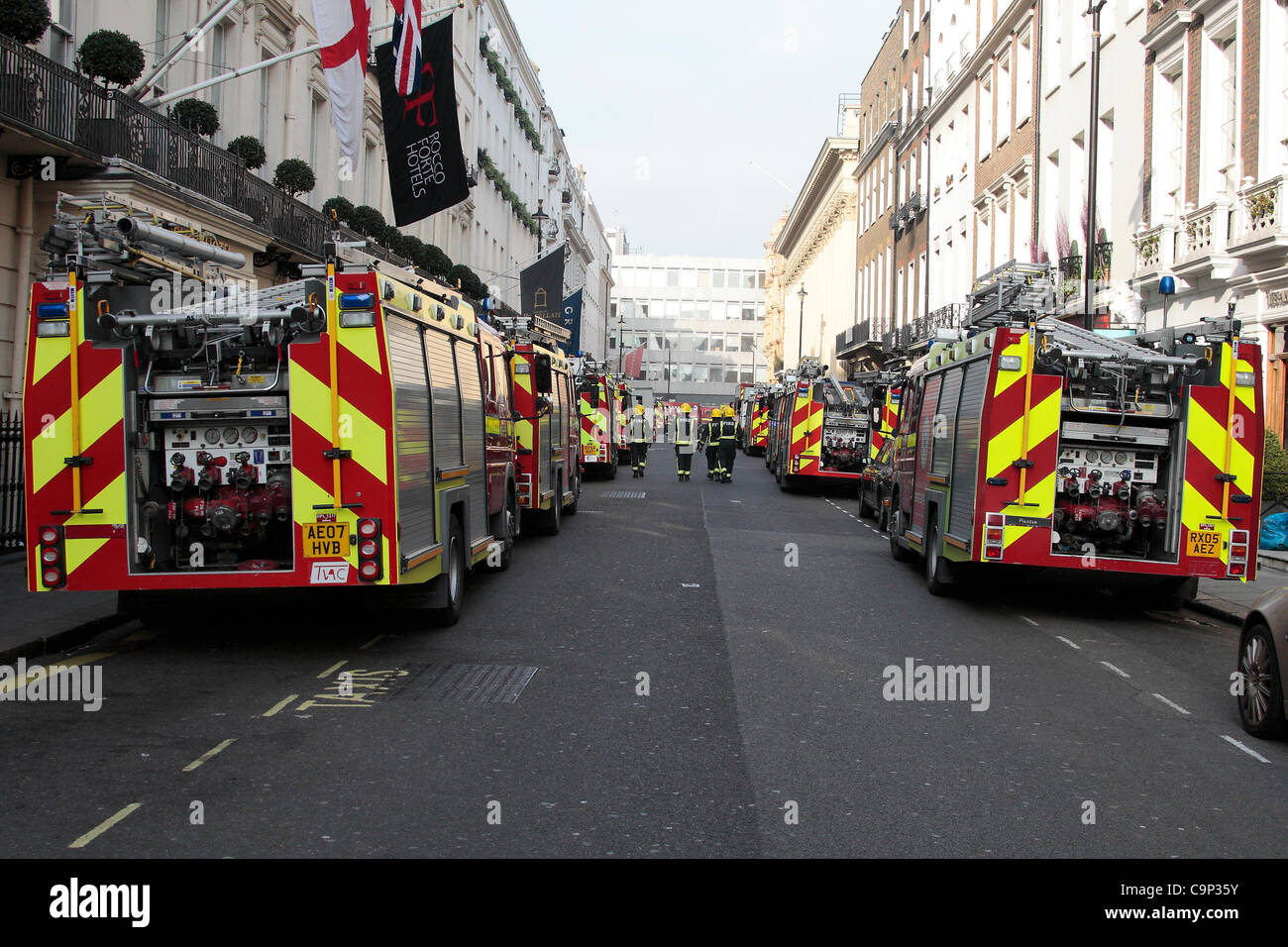 Dozens of Fire engines attended the scene of the Mayfair fire on Saturday Stock Photo