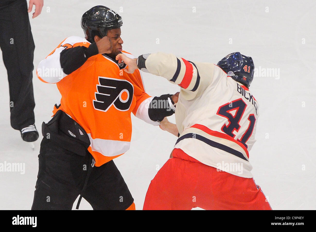 Feb. 05, 2012 - Newark, New Jersey, U.S. - Philadelphia Flyers right wing Wayne Simmonds (17) fights New York Rangers defenseman Stu Bickel (41) during first period NHL action between the Philadelphia Flyers and the New York Rangers at Madison Square Garden in New York, N.Y. The Rangers lead 1-0 at  Stock Photo