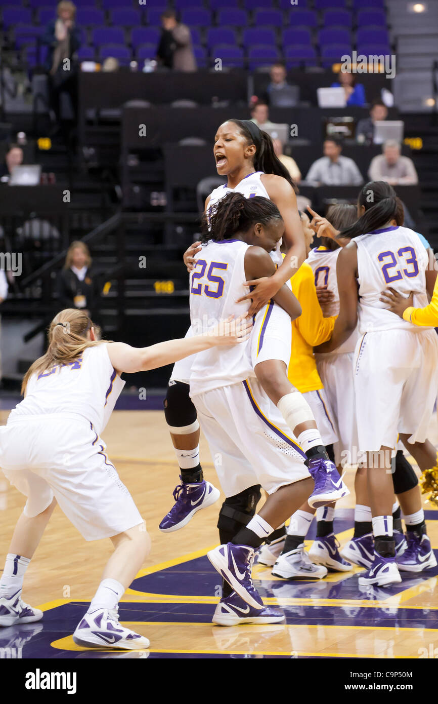 Feb. 5, 2012 - Baton Rouge, Louisiana, United States of America - LSU Lady Tiger forward Taylor Turnbow (35) celebrates with Swayze Black (25) and team mates after upsetting Kentucky by 10 points. LSU defeats Kentucky 61-51. (Credit Image: © Joseph Bellamy/Southcreek/ZUMAPRESS.com) Stock Photo